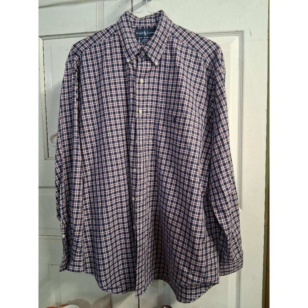 Ralph Lauren Blake Mens Large Navy & Red Plaid Button-Down Shirt 100% Cotton Lon